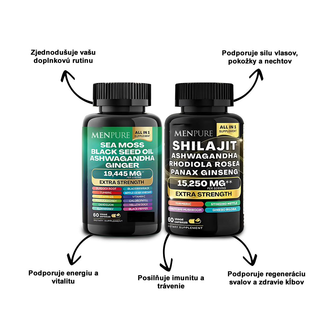Zoznámte sa s balíčkom kapsúl Menpure s morským machom a šilajitom, vašou komplexnou dennou wellness receptúrou